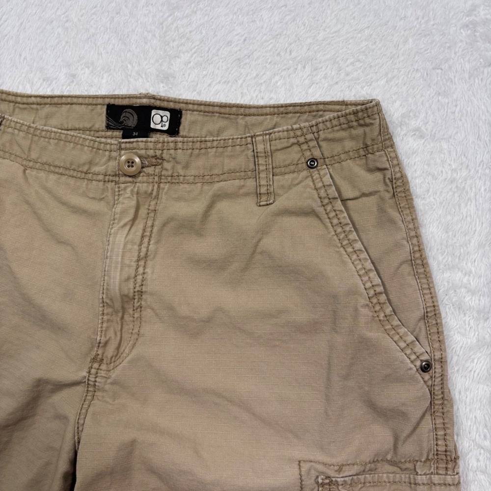 Y2K OP Cargo Shorts Mens 34 Sand Khaki Ripstop Cotton Multi Pocket Street Surf - Picture 12 of 14